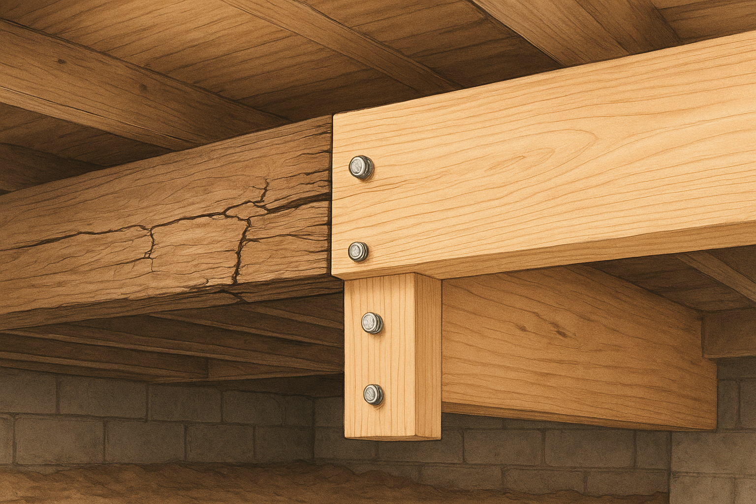Illustration of an old cracked floor joist in a basement reinforced with a new sister joist secured by bolts and nails, showing structural repair in a crawl space.