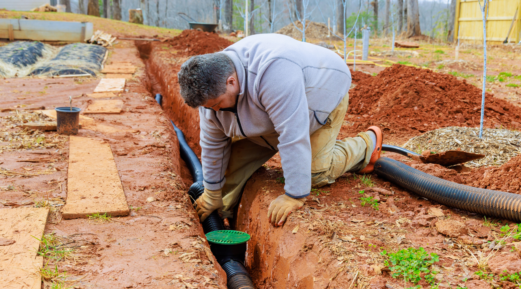 Worker installing French drain pipe to protect home foundation from water damage